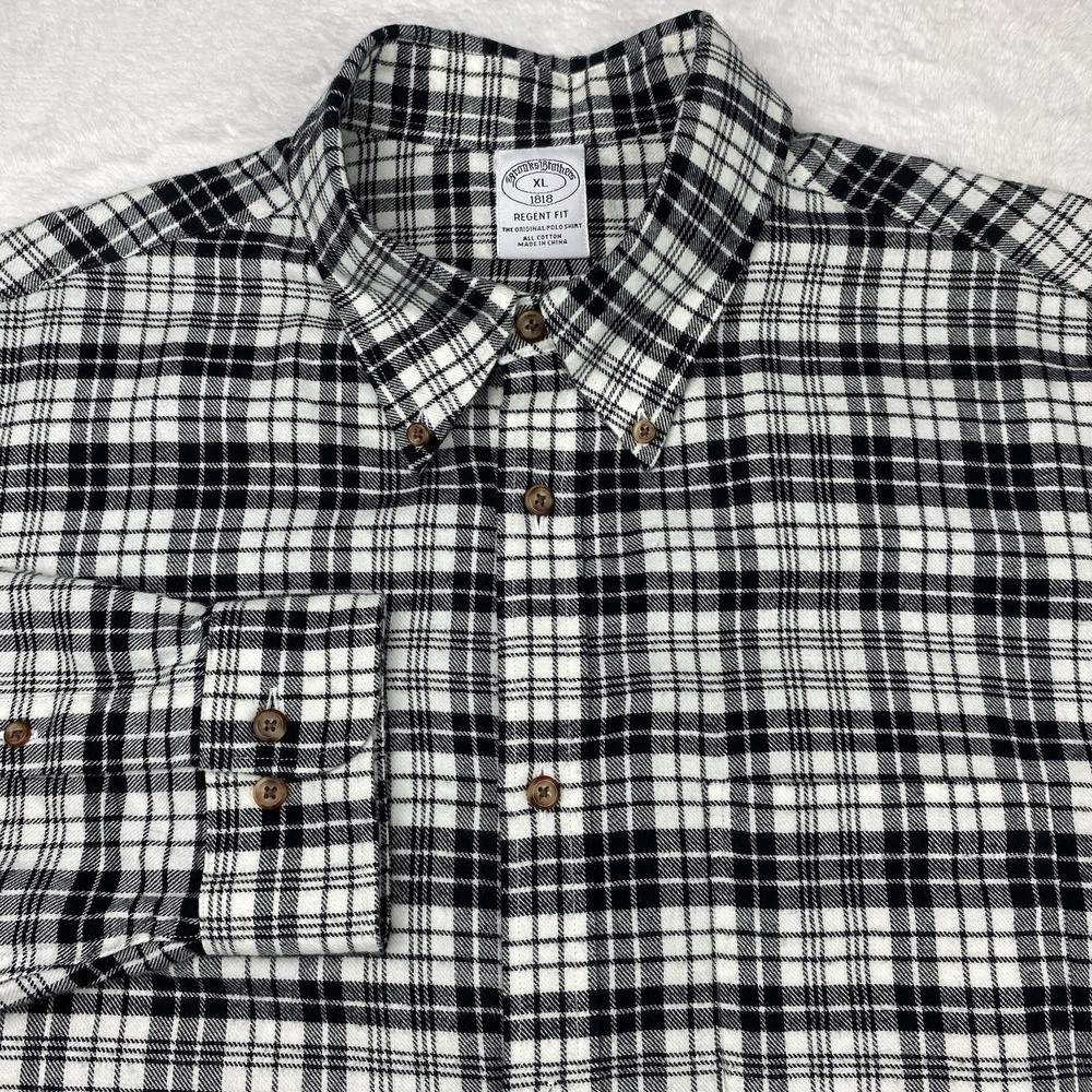 Brooks‎ Brothers Shirt Mens XL Black/White Plaid Soft Cotton Long Sleeves